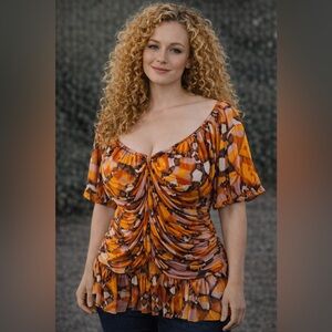 Dr2 Orange Abstract Printed V Neck Women’s Top